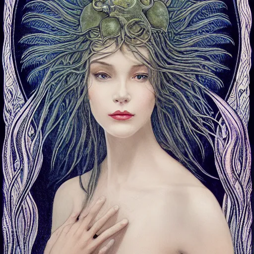 Image similar to facial portrait of a young pretty woman in flowing dress, arrogant, mysterious, long fine flowing hair, delicate, looking at camera, slightly awkward smile, realistic face, hands behind back, intricate, stylish, elegant, grimdark fantasy, flowers, art nouveau, extremely detailed painting inspired by Gerald Brom and Ernst Haeckel and Kaluta