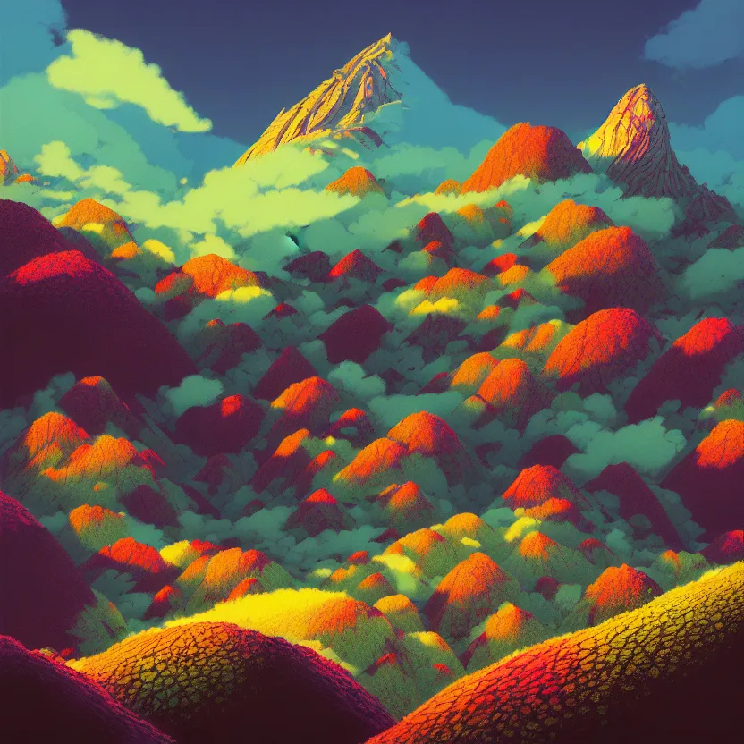 Image similar to kinabalu mountain, summer morning, very coherent and colorful high contrast, art by! gediminas pranckevicius! geof darrow, pastel color, volumetric lighting, cinematic, floralpunk screen printing woodblock, dark shadows, hard lighting, stippling art