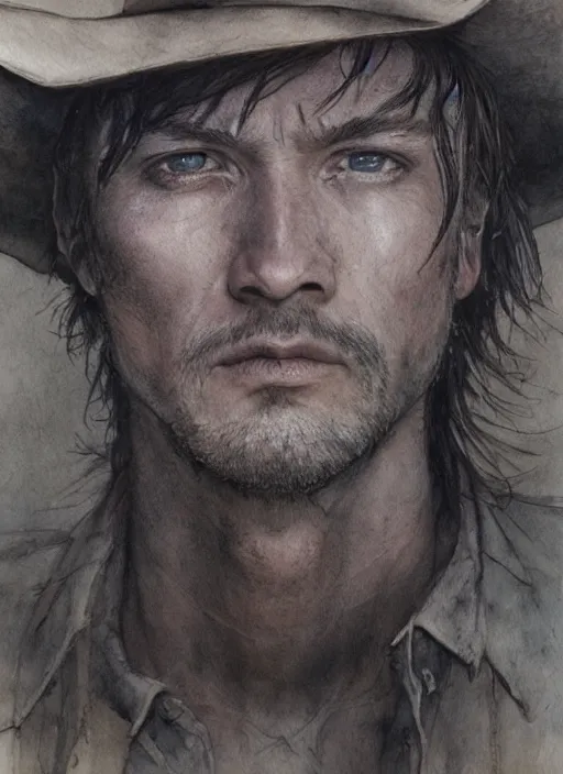 Prompt: portrait, a last stand of a cowboy, watercolor, dramatic lighting, cinematic, establishing shot, extremely high detail, foto realistic, cinematic lighting, pen and ink, intricate line drawings, by Yoshitaka Amano, Ruan Jia, Kentaro Miura, Artgerm, post processed, concept art, artstation, matte painting, style by eddie mendoza, raphael lacoste, alex ross