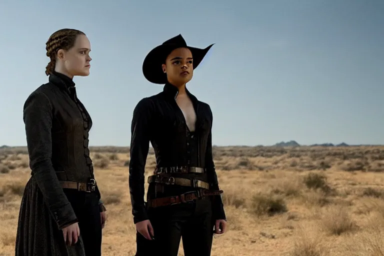 Image similar to evan rachel wood as hale and tessa thompson as dolores in westworld