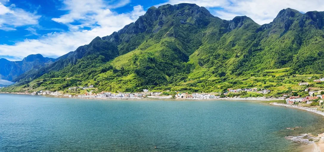 Image similar to the landscape of a beautiful coastal village with mountains in the background, in summer, award-winning photography