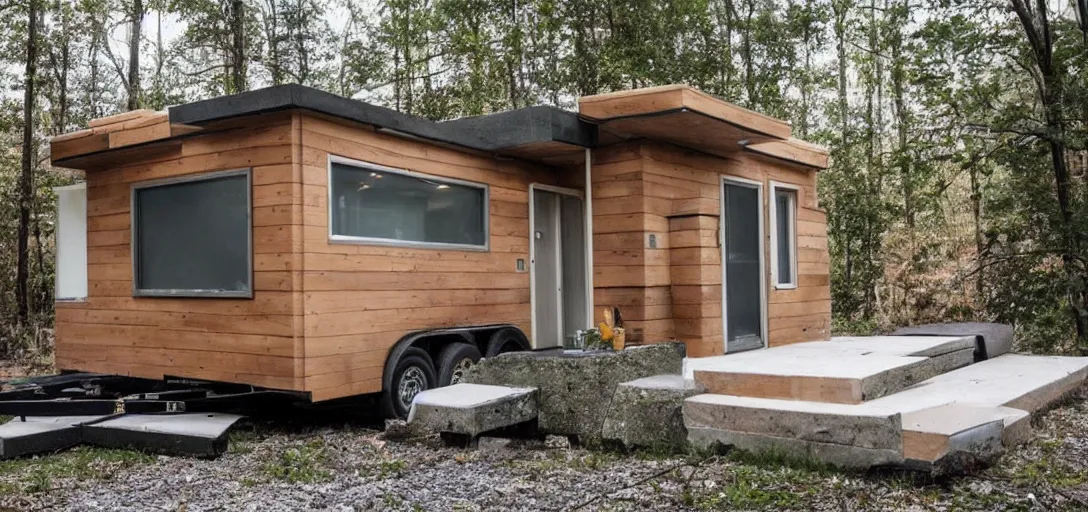 Prompt: brutalist tiny home on trailer, made of stone.