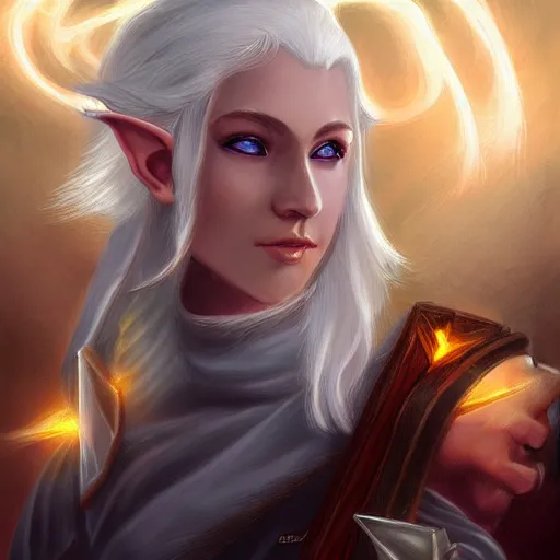Image similar to Beautiful white haired fair skinned scholar elf with spell scroll and lightning background, realism, digital painting, detailed artwork, portrait, mythical, artstation
