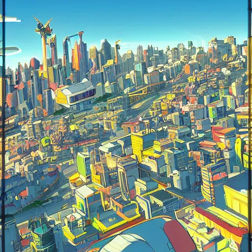 Image similar to futuristic city on a mountainside, red - yellow - blue buildings, city, city on mountainside, clouds around buildings, cel - shaded, raytracing, cel - shading, toon - shading, 2 0 0 1 anime, flcl, jet set radio future, drawn by artgerm