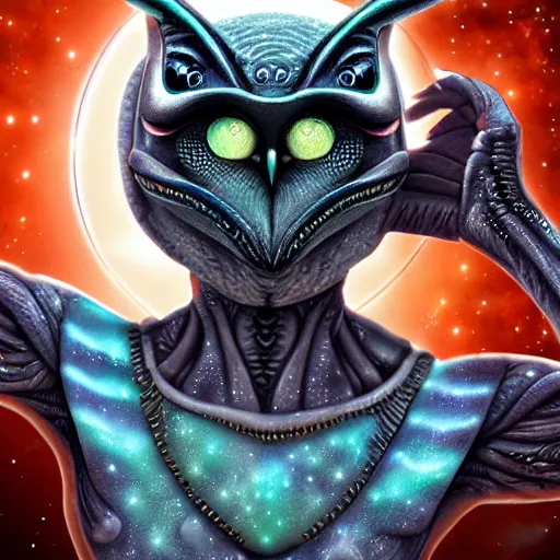 Image similar to alien owl, alien warrior, magic, stars, highly detailed, realistic, 8 k