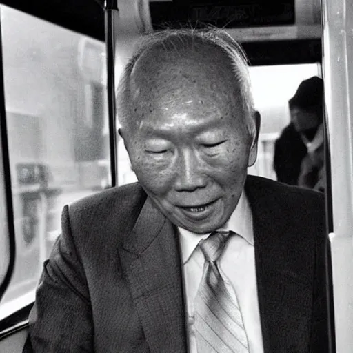 Prompt: candid photo of Lee Kuan Yew squinting disapprovingly at his phone while riding the train