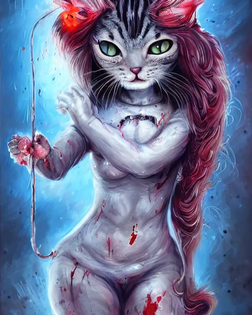 Prompt: a cute bloody kitty cat played by kate bckinsale, created by antonio j. manzanedo, giger, alex grey, android jones, wayne barlowe, philippe druillet, raymond swanland, cyril rolando, josephine wall, harumi hironaka, trending on artstation