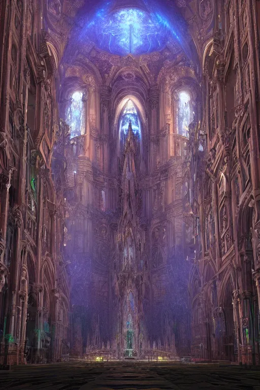 Image similar to a centered photo real render of a post apocalyptic cathedral surrounded by glowing fractals and ornate flowing light streams sacred geometry, by beeple, by donato giancola, unreal engine