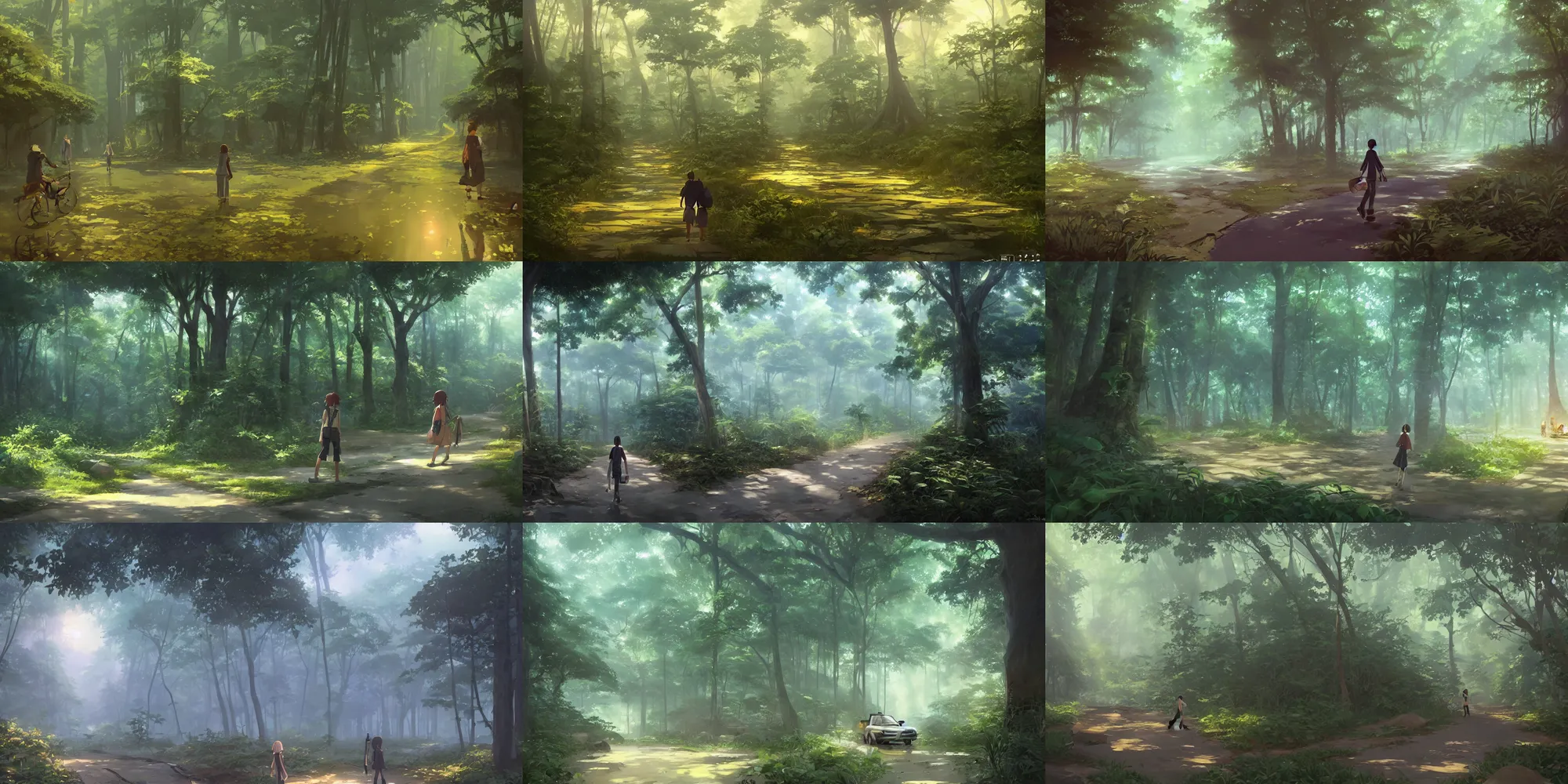 Prompt: crossroad in the middle of an exhuberant jungle, art by Makoto Shinkai, style of greg rutkowski and Hayao Miyazaki, iquitos in the amazonian, cell shading render, highly detailed, rule of thirds, golden ratio, digital painting, concept art, illustration, soft volumetric lighting, artstation, behance, very detailed, smooth lighting, sharp focus, octane render, 8K, composition by Alphonse Mucha
