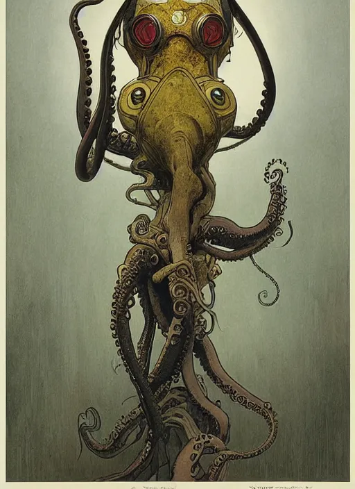 Image similar to a girl wearing octopus gas mask, poster by james jean, greg rutkowski, giger, alphonse mucha, andrew wyeth