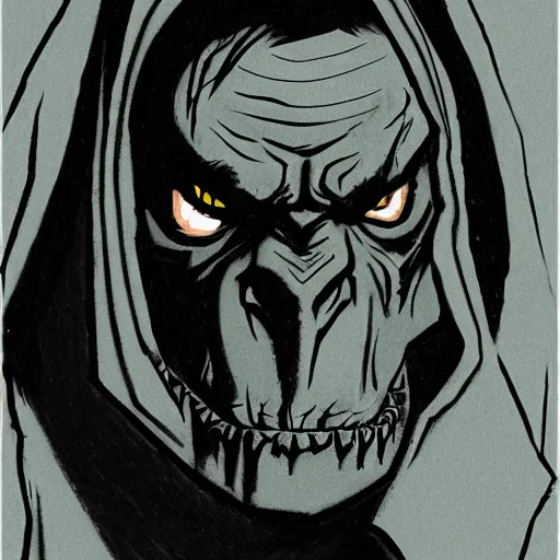 Prompt: mordor orc, portrait, in the style of mike mignola greyscale