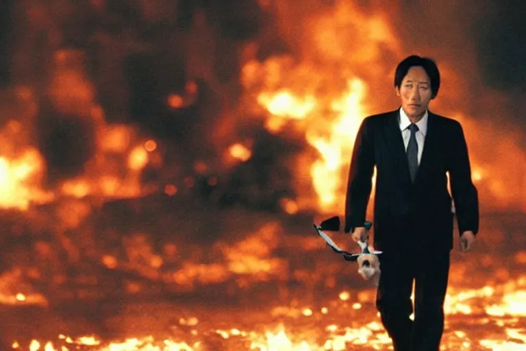 Prompt: cinematography action movie closeup portrait of a Japanese business man carrying his dog running from an explosion in Tokyo by Michael Bay