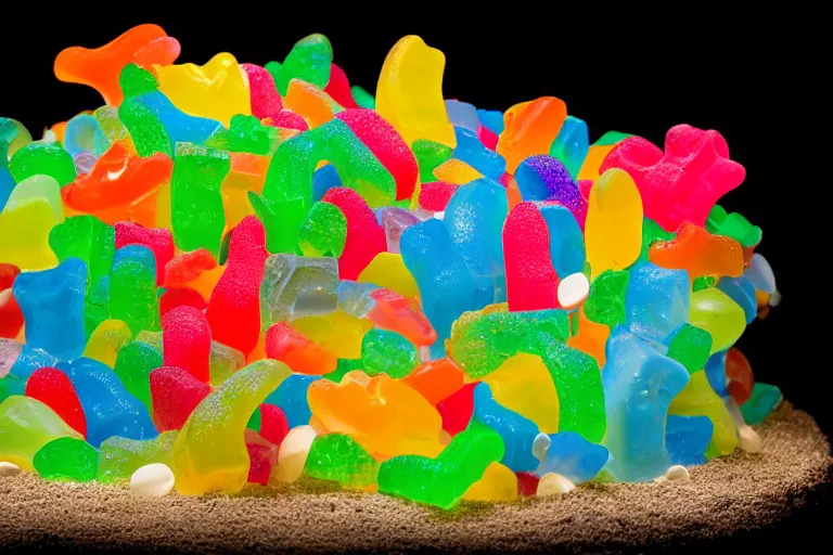 Image similar to desert oasis made of gummy candy, 8 5 mm bright - light photography,