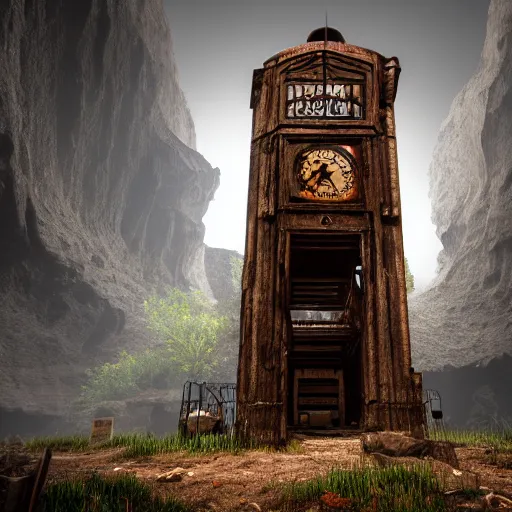 Image similar to an abandoned old rusty clocktower in a dark enormous cave, Low level light , digital art, unreal engine, trending on artstation, 4K UHD image