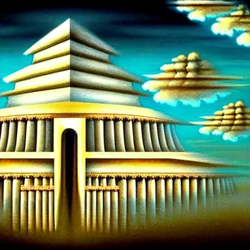 Image similar to hidden imagery incredible digital art optical illusion, superb detailed clouds shaped like the second temple in jerusalem, awe inspiring, masterpiece surrealism