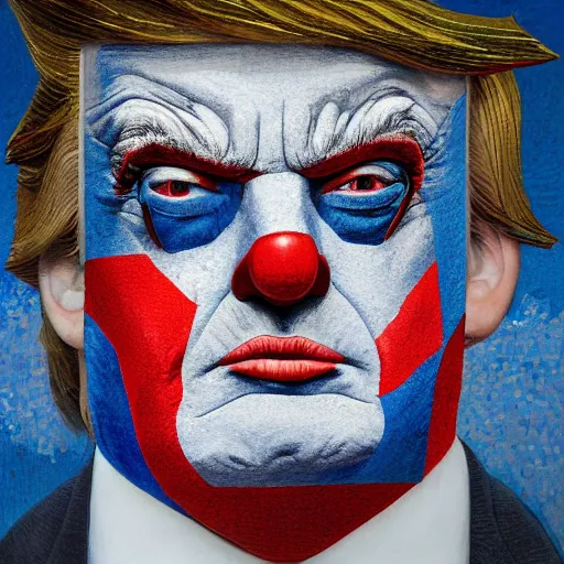 Prompt: mosaic portrait of clown trump into the sky by greg rutkowski, 4k, intricate details, dichotomy