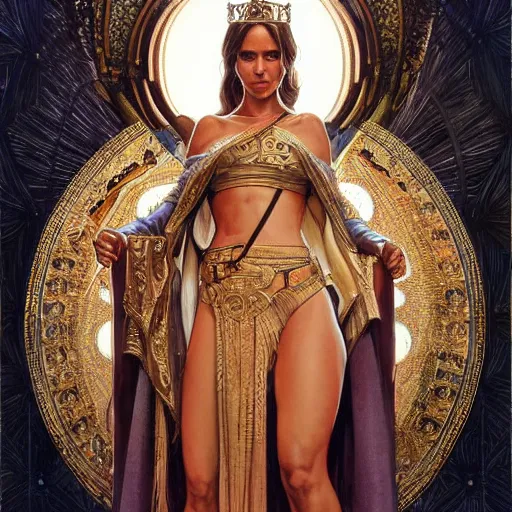 Image similar to jessica alba as queen, incredibly detailed face, wearing toga. true anatomy, symmetry, true anatomy, art by artgerm and greg rutkowski and alphonse mucha