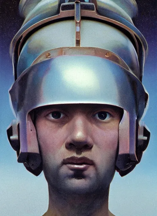 Image similar to beautiful extreme closeup portrait photo in style of frontiers in helmet Helmets of Emperor Charles V the Wise, faint iridescent sheen , science fashion magazine September retrofuturism edition, highly detailed, soft lighting, elegant , lighting, 35mm , Edward Hopper and James Gilleard, Zdzislaw Beksinski, Steven Outram, highly detailed