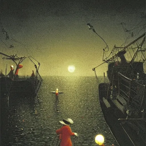 Prompt: night piracy, extremely detailed masterpiece, Roger Deakin’s cinematography, illustration, by Michael Sowa,