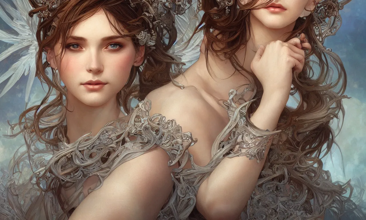 Image similar to close up portrait of beautiful angel, d & d, face, fantasy, intricate, elegant, highly detailed, digital painting, artstation, concept art, smooth, sharp focus, illustration, art by artgerm and greg rutkowski and alphonse mucha