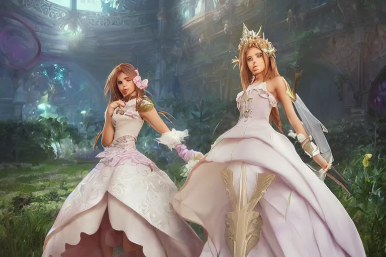 Prompt: pokimane from final fantasy 1 3 in a wedding dress, cg animation, riot entertainment, arcane, realistic, character select portrait, by artgerm, greg rutkowski, alphonse mucha, 3 d