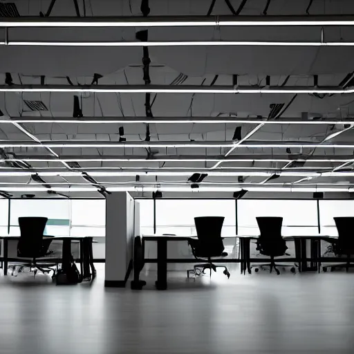 Image similar to a lone person working in a huge room full of cubicles, the only light is coming from his desk