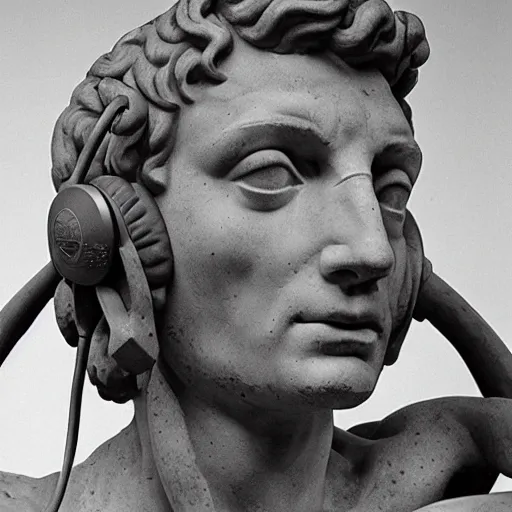 Image similar to A photo of Michelangelo’s sculpture of David wearing headphones DJing