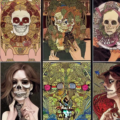 Prompt: manga skull portrait girl female skeleton taylor swift realism hyperrealistic art Geof Darrow and will cotton alphonse mucha pop art nouveau