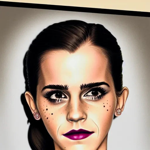 Prompt: emma watson Heavy Contour makeup look eye shadow smokey eyes fashion model face by artgem by brian bolland by alex ross