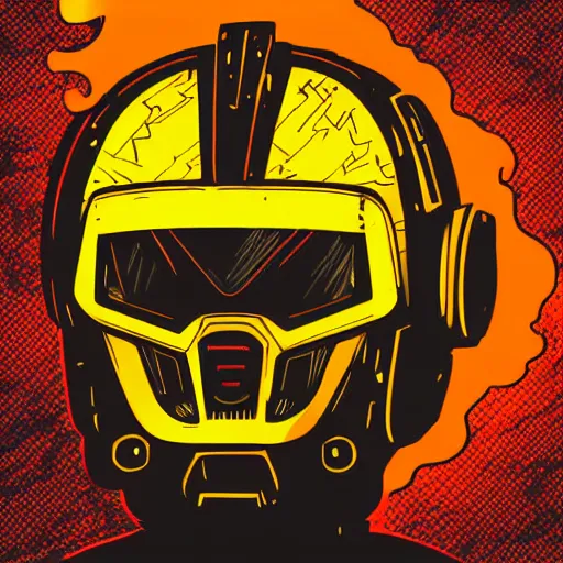 Prompt: helmet lion cyberpunk made of yellow lava and fire in borderlands 3 style, illustration, vector art, drawing, mecha, epic size, epic scale, macro art