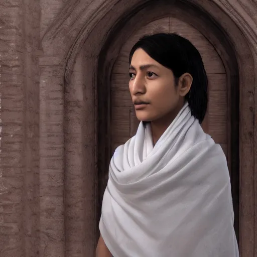 Prompt: a nepali wearing a white shawl, gloomy, bloody, octane render, unreal engine