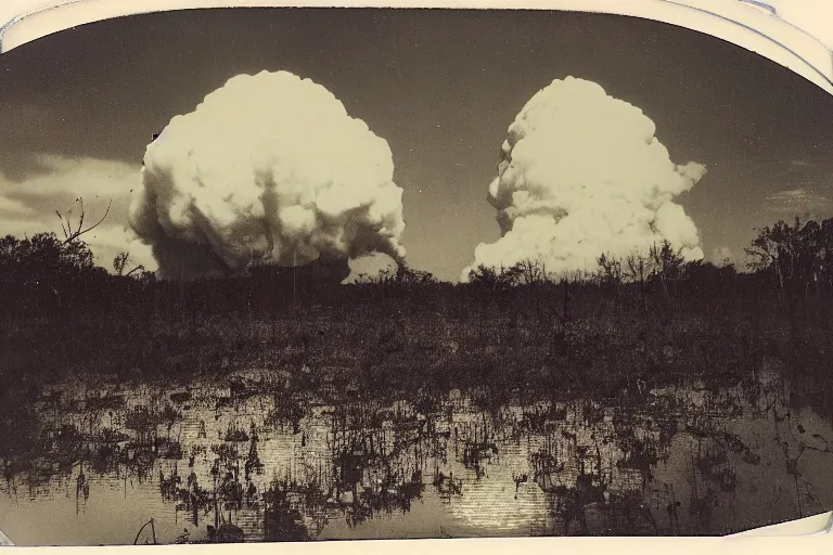Image similar to old polaroid of a nuclear explosion in the louisiana swamps, people screaming