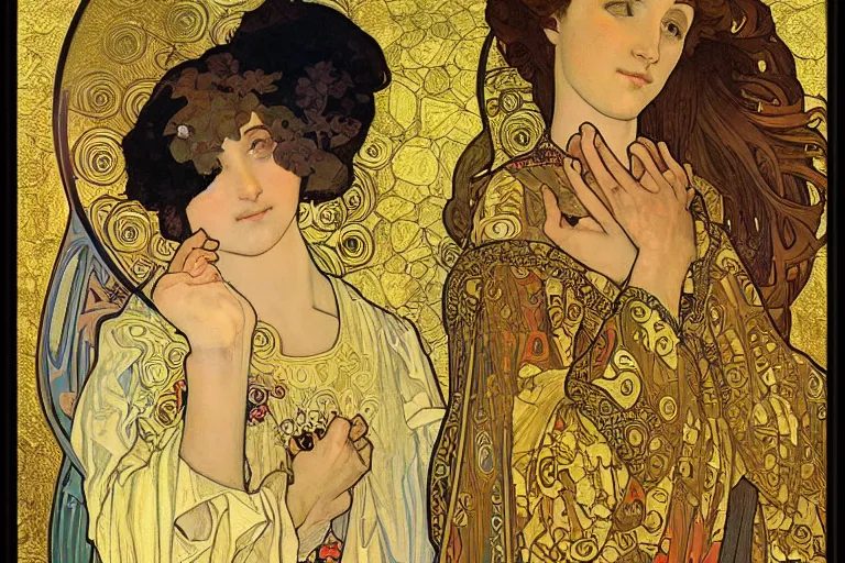 Prompt: the annunciation oil painting cross between the styles of alphonse mucha and gustav klimt gold leaf, intricate detailed,