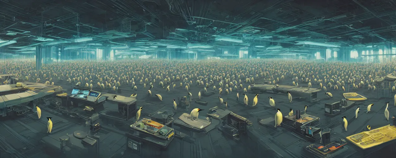 Image similar to duotone concept illustration wide angle of many emperor penguins in scifi computers room. cinematic scene. volumetric lighting. golden ratio accidental renaissance. by sachin teng and sergey kolesov and ruan jia and heng z. graffiti art, scifi, fantasy, hyper detailed. octane render. concept art. trending on artstation