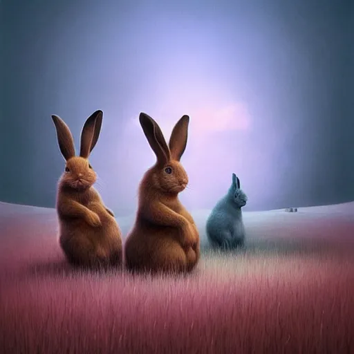 Image similar to adorable rabbits in verdant fields, delight! by zdzislaw beksinski and gediminas pranckevicius and tiffany bozic, cold hues, warm tone gradient background, concept art, beautiful composition, digital painting