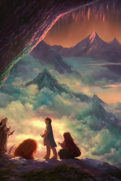 Image similar to still from the lord of the rings movie, 4 k digital paint by studio ghibli hayao miyazaki. vivid colours, vaporwave lighting style, very sharp and detailed. trending on artstation and behance.