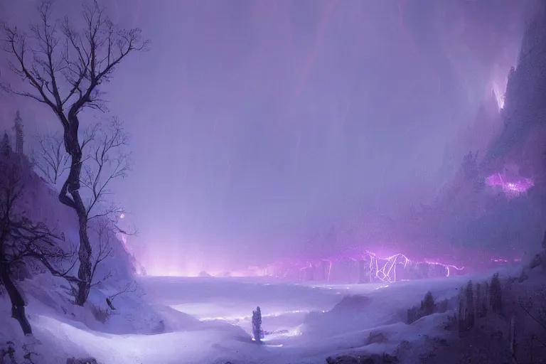 Prompt: a beautiful oil painting of a valley covered in snow, trees with purple, thunderstorm in the sky, blue lighting, gloomy, atmospheric lighting, detailed, beautiful!!, purple bioluminescence, by greg rutkowski, trending on artstation