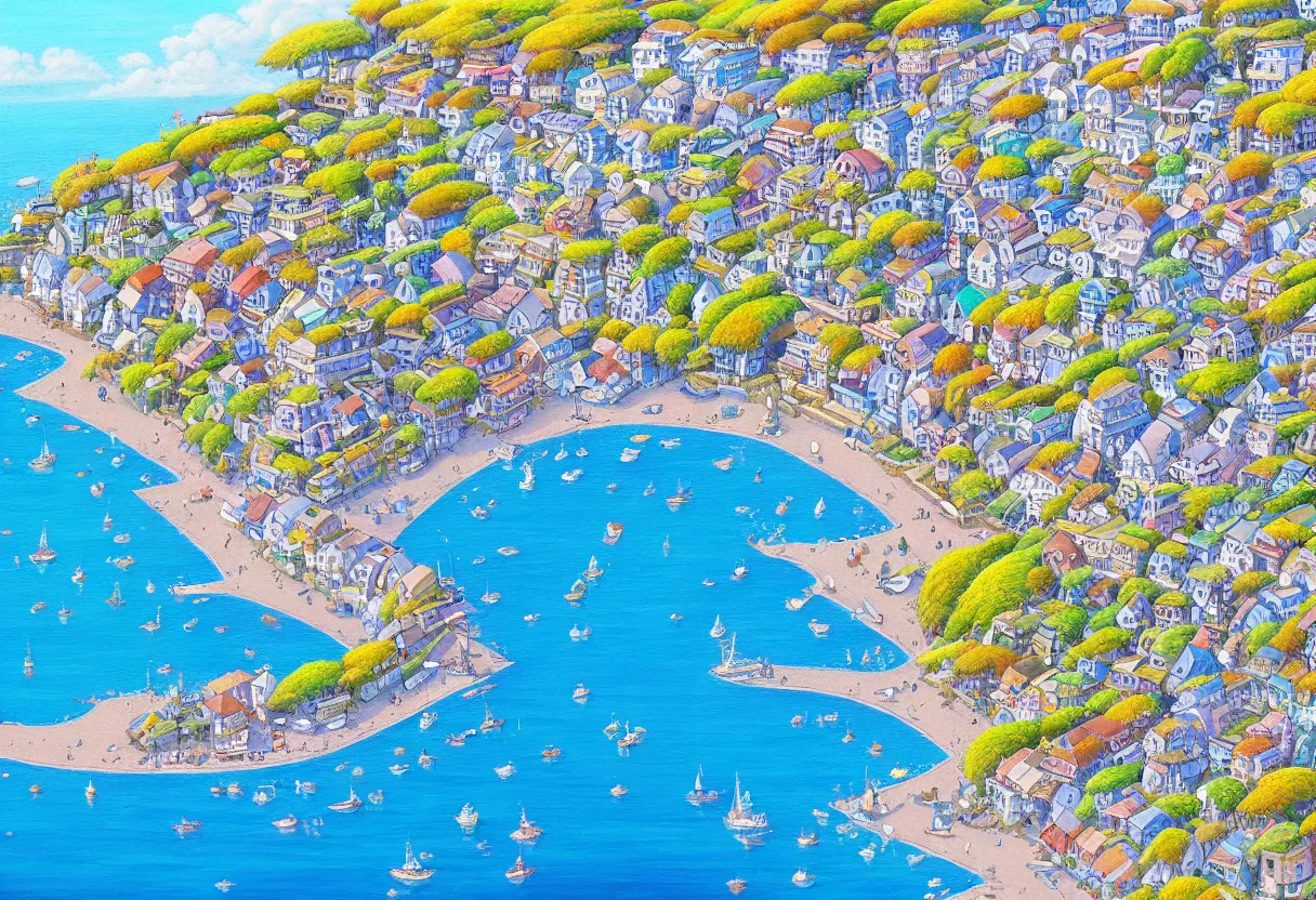 Image similar to a beautiful ultradetailed painting of a seaside town, sunny, close shot, studio ghibli sunlight, archdaily, wallpaper, highly detailed, trending on artstation