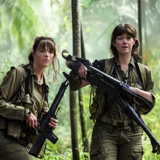 Prompt: elisha cutbert and mary elizabeth winstead as a commandos in a jungle battlefield