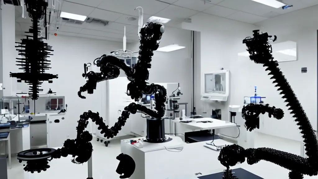 Image similar to a complex bifurcated robotic cnc surgical arm hybrid mri 3 d printer machine making black and white ceramic mutant forms in the laboratory inspection room, film still from the movie directed by denis villeneuve with art direction by salvador dali, wide lens