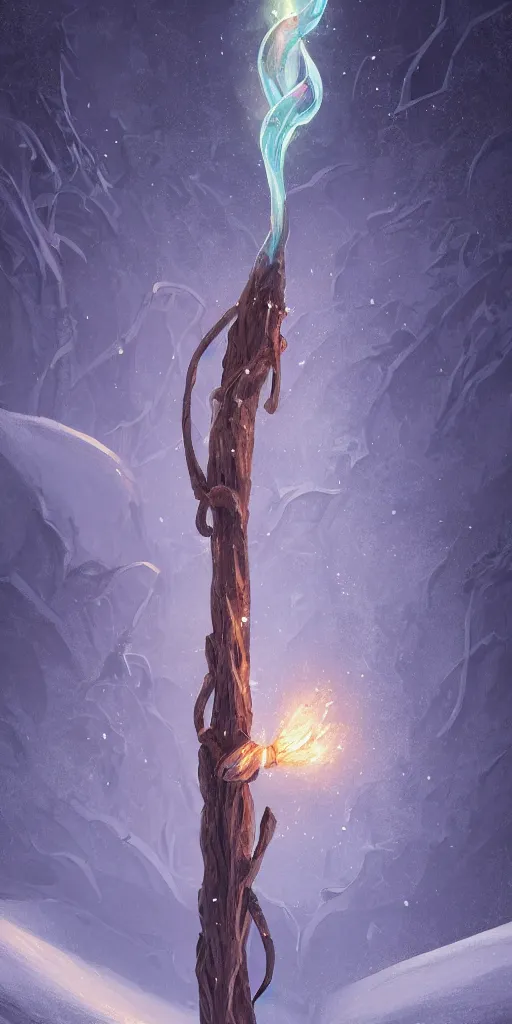Prompt: a twisting and carved wooden staff mounted with a glowing crystal stuck in the ground halfway up a snowy mountain in the style of Sylvain Sarrailh, wispy magical smoke, beautiful digital art, cinematic composition, detailed, concept art, Matt painting, oil painting, high res