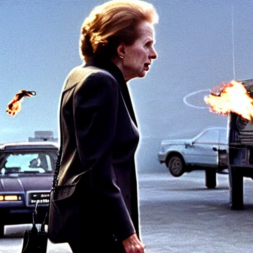 Prompt: A still of Margaret Thatcher as the Terminator in Terminator 2: Judgement Day (1991)