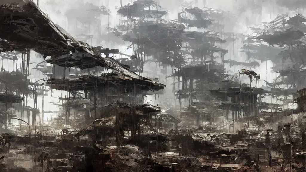 Image similar to post - apocalyspe settlement with houses, hydroponic farms, painted by tsutomu nihei, painted by craig mullins, painted by greg rutkowski