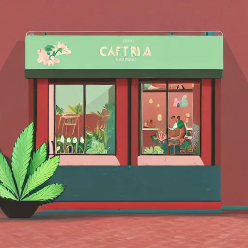 Prompt: isometric cute cartoon illustration style cafe australian, decorated with cute cannabis pot plants 🪴 utopian australiana simple frontage, poster, beautiful composition pastel palette by will barnet, digital art, hyperrealistic, sharp detailed soft, render cartoon by pixar