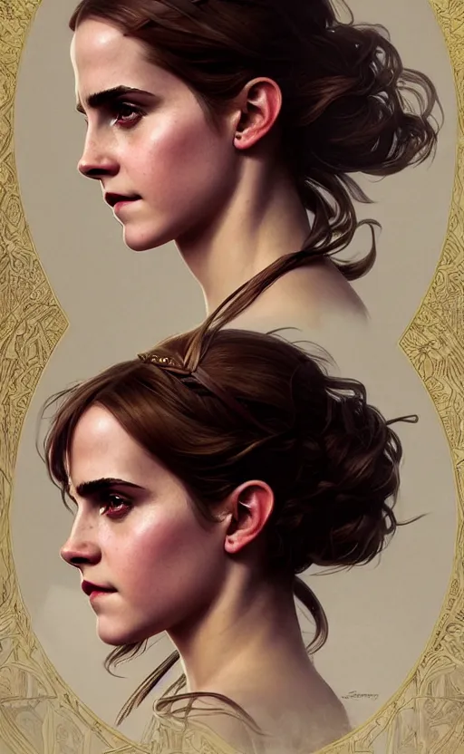 Image similar to portrait of emma watson as the goddess circe, greek mythology, intricate, headshot, highly detailed, digital painting, artstation, concept art, sharp focus, cinematic lighting, illustration, art by artgerm and greg rutkowski, alphonse mucha, cgsociety