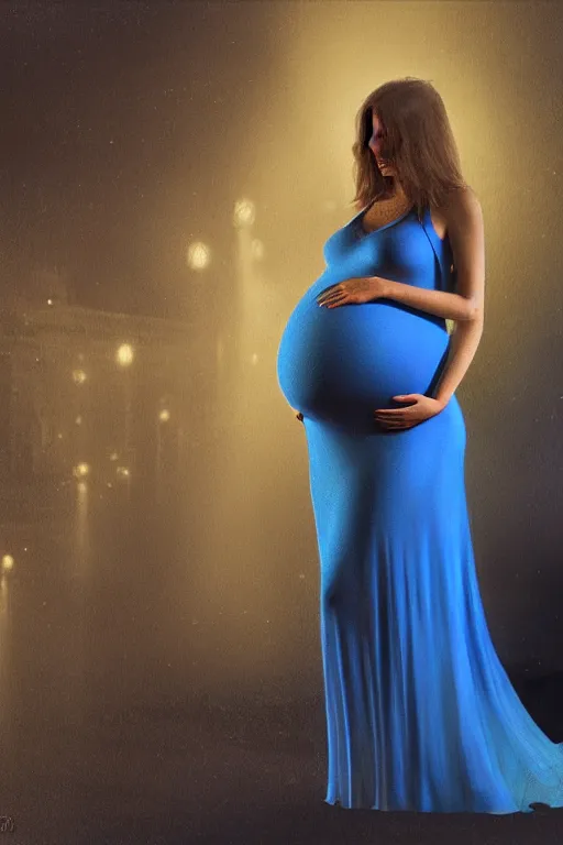 Image similar to pregnant woman in a short blue dress in night under street light, highly detailed, sharp focused, ultra realistic digital concept art by Frederick Sands Brunner