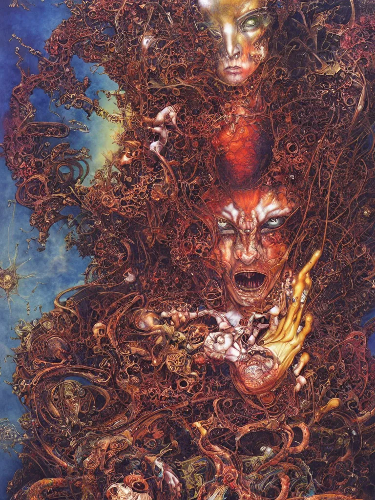 Prompt: realistic detailed image of technological demon god by lisa frank, ayami kojima, amano, karol bak, greg hildebrandt, and mark brooks, neo - gothic, gothic, rich deep colors. beksinski painting, part by adrian ghenie and gerhard richter. art by takato yamamoto. masterpiece