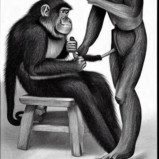 Image similar to a monkey cutting a human samurai's hair.