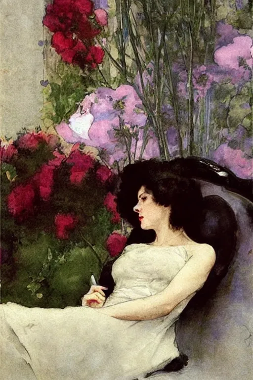 Prompt: european woman in a gown drunk laying on couch, bloom flowers, modern, eclectic, illustration, by ramon casas