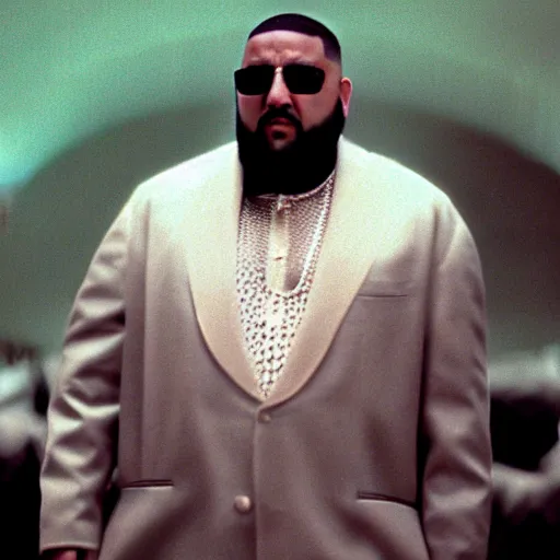 Image similar to a cinematic film still of DJ Khaled starring in The Matrix (1999), portrait, 40mm lens, shallow depth of field, close up, split lighting, cinematic